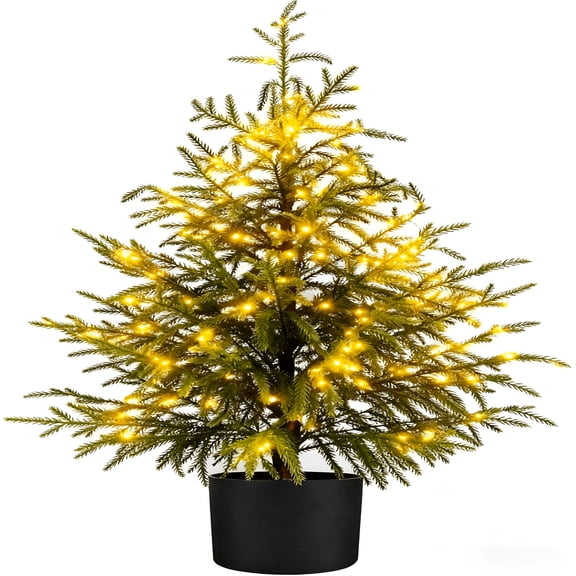 BESTSKY 2026 New 24 Inch Pre-Lit Artificial Christmas Tree Real Touch Norfolk Pine Tree with 30 Warm White Twinkle Led Lights Uv Resistant Artificial Pine Outdoor Plants for Front Porch Decor