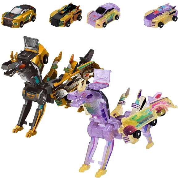 BESTSKY 2026 New 2In1 Transforming Dinosaur Toys,Transformation 4 Pack Car Toy with Collision Transforming Car for Girls Age 4-6 | Party Gift for Birthday,Christmas(Pink&Gold Dragon)