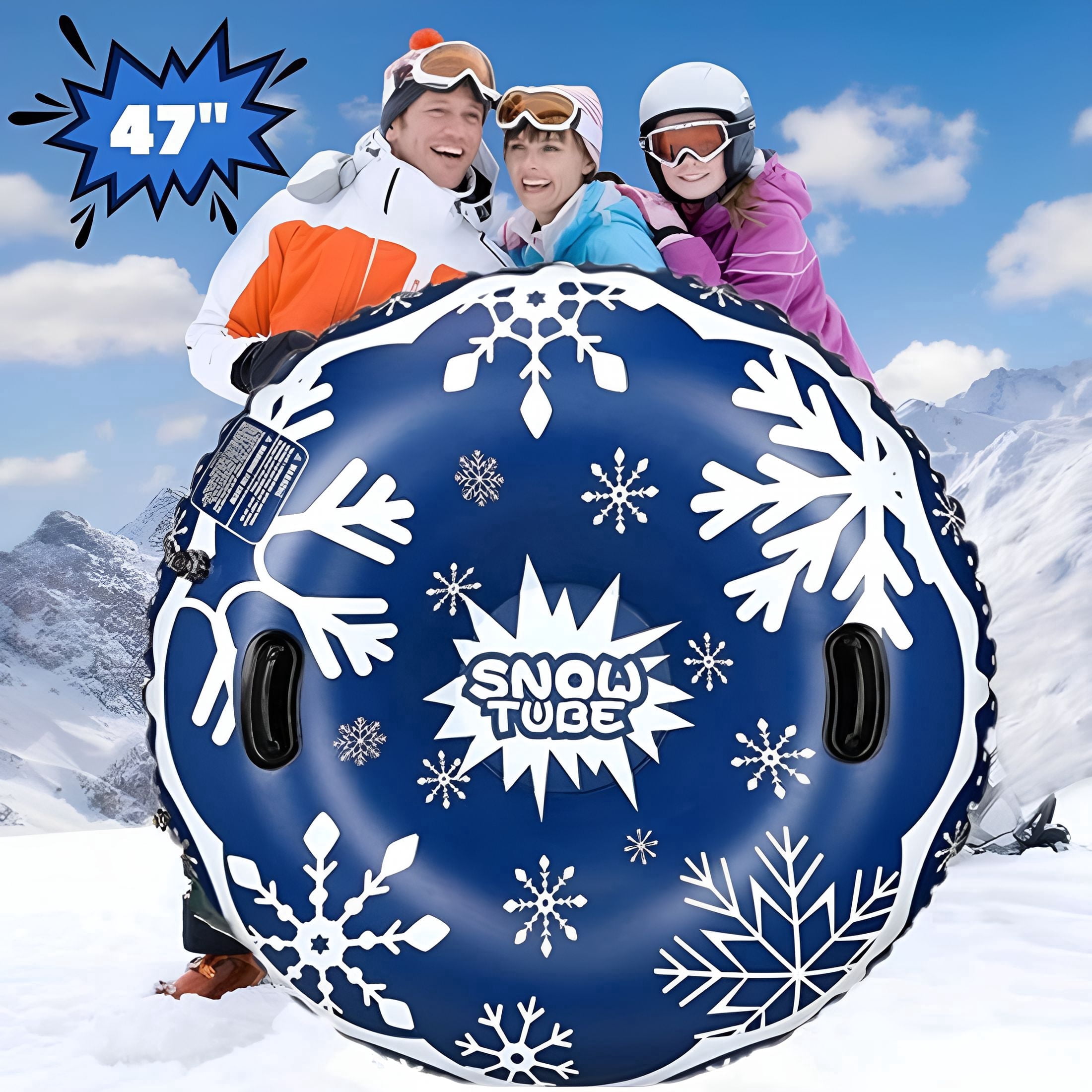 BESTSKY 2026 New 47" Snow Tubes, Heavy Duty Inflatable Snow Sleds with Handles for Kids Adults Sledding Skiing Winter Sports
