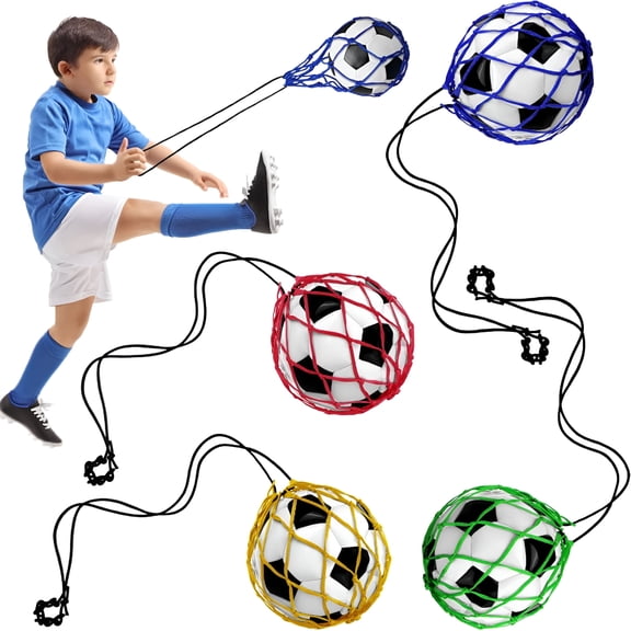 BESTSKY 2026 New 4Pcs Soccer Training Equipments, Handle Throw Adjustable Locked Net, Bungee Elastic Soccer Ball Net, Kicker for Youth Adults Training Equipment, 4 Color, Size 3 4 5