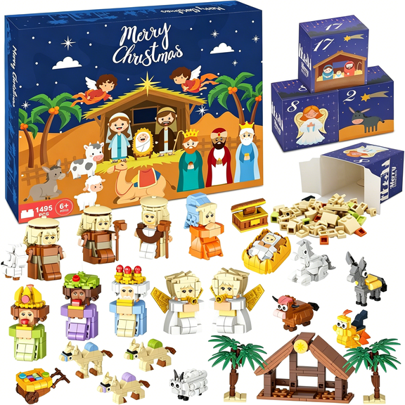 BESTSKY 2026 New 5Pcs Nativity Advent Calendar Kids 24 Days Building Blocks Kits Christmas Gifts Countdown Calendar Set,Stocking Stuffer Building Toys for Boys,Girls,Teens&Adults Ages 12+
