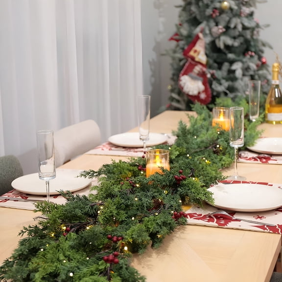BESTSKY 2026 New 6 Feet Pre-Lit Christmas Garland with Lights,Real Touch Cedar Garland for Table,Wall,Mantle,Outdoor Indoor,Perfect Christmas Decorations Real Touch Cedar Garland