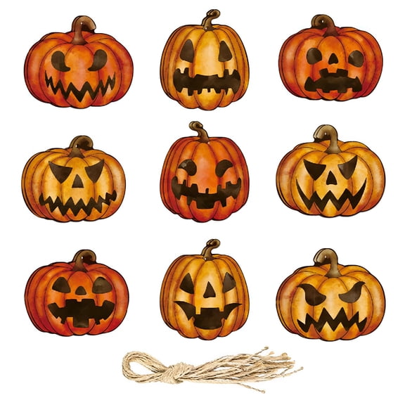 BESTSKY 2026 New 9Pcs Halloween Pumpkin Ornaments Jack-O-Lantern Wooden Slices Evil Pumpkin Pendants Hanging Decorations for Halloween Tree Decor for Indoor,Outdoor,Party,Table,Shelf,Mantel
