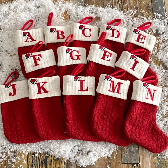 BESTSKY 2026 New A-Z Christmas Stockings with Initial,Small Embroidered Letter Knit Red White Christmas Stocking Letter Monogram Hanging Xmas Stockings for Family Christmas Tree Fireplace Decoration