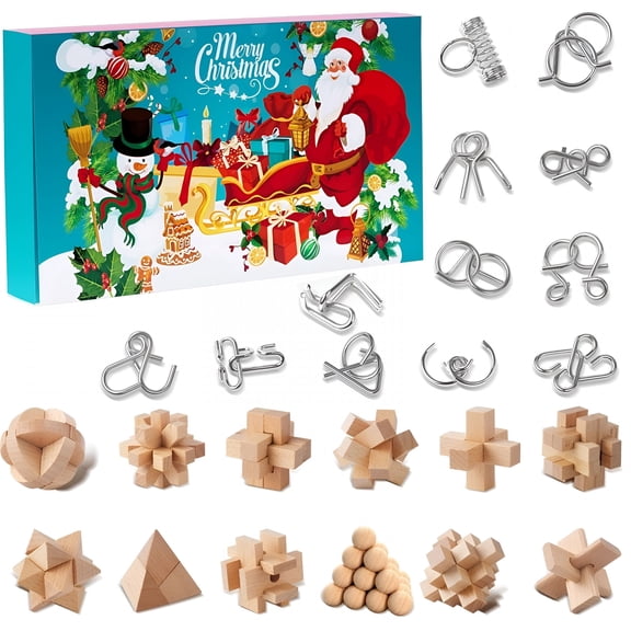 BESTSKY 2026 New Brain Teaser Advent Calendar -24-Day Christmas Countdown with 3D Metal&Wooden Puzzle Toys,Mind,Iq,Logic,And Handheld Disentanglement Challenge Games for Adults,Teens,Holiday Fun