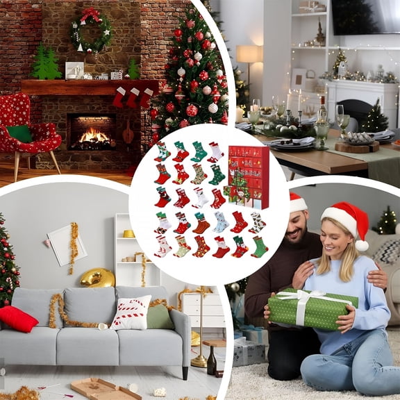BESTSKY 2026 New Christmas Stocking Stuffers,Christmas Socks Advent Calendar-24 Days of Advent Box Socks Christmas Countdown,Santa Elk Snowman Tree Pattern for Advent Calendar Christmas Gifts