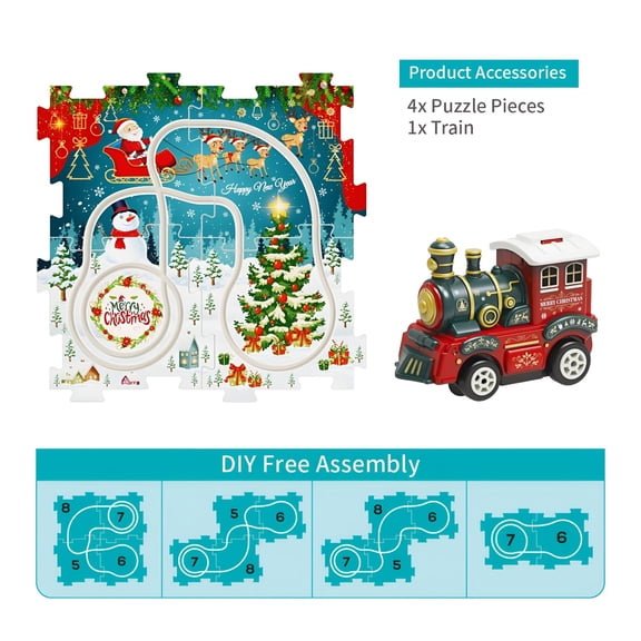 BESTSKY 2026 New Christmas Train Set with Remote Control-Electric Train for Tree with Sound&Lights,4 Puzzles + 1 Train,Toy Train Set for Kids Ages 3-8,Christmas Tree Decor Gifts,Gift Box,Red
