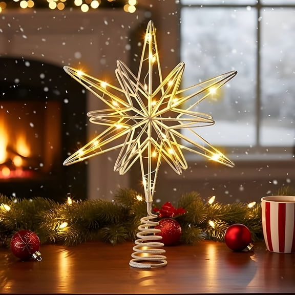 BESTSKY 2026 New Christmas Tree Topper Star-Gold Or White Shatterproof Plastic Lighted Tree Top Decoration with Battery-Operated Lights- Christmas Tree Topper Lighted
