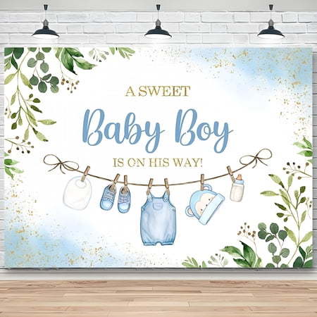 BESTSKY 2026 New Cute Clothes Baby Shower Backdrop for Boys A Sweet Baby Boy Is on His Way Banner Greenery Eucalyptus Leaves Welcome Baby Boy Baby Shower Party Decorations Banner Photo Booth Props