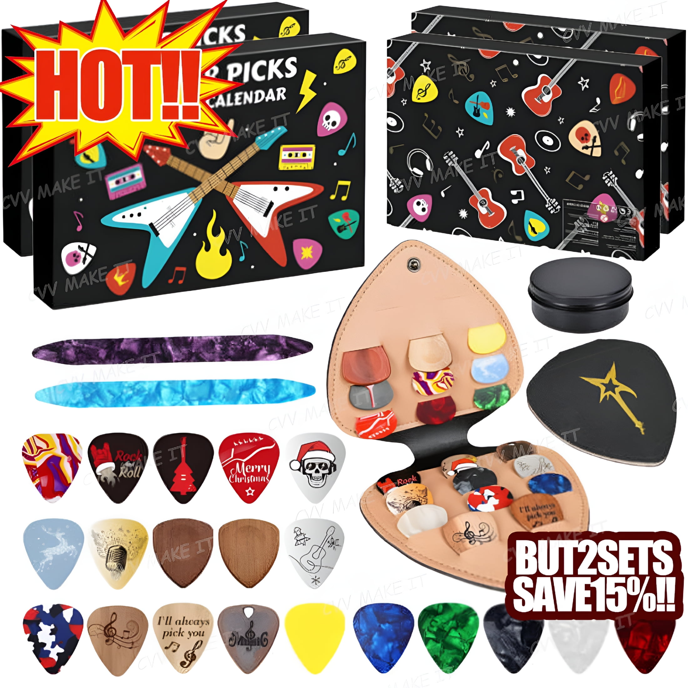 BESTSKY 2026 New Guitar Picks Advent Calendar ,24-Day Countdown with Celluloid/Wood/Oud Picks,Pick Holder&Metal Tin Case,For Guitar,Bass,Ukulele Players for Guitar,Bass,Ukulele(48Pcs)