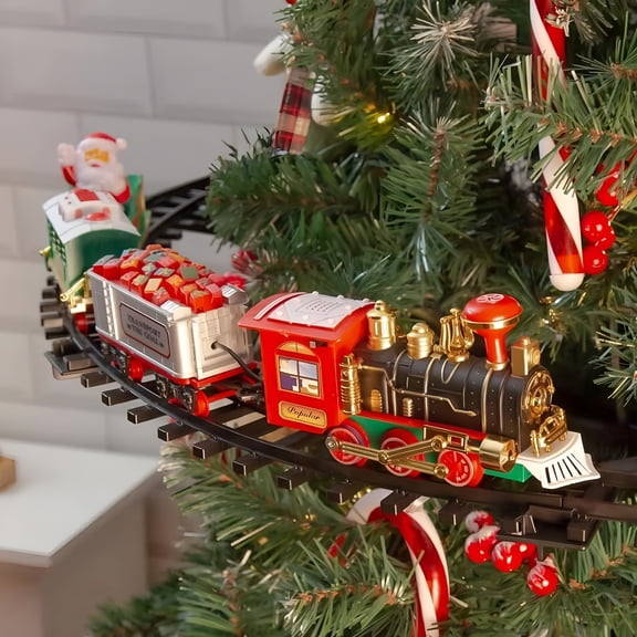 BESTSKY 2026 New Holiday Train Set Xmas Tree Decoration with Sound and Light,35 Inch Diameter Train for Tree Hanging Christmas Tree Train