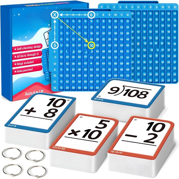 BESTSKY 2026 New Math Flash Cards & Board Set with Add/Sub/Mult/Div Games, Times Table Chart, Plastic Educational Toys for Homeschool & Classroom Learning Tools Addition and Subtraction Flash Cards