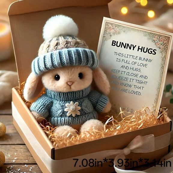 BESTSKY 2026 New Mini Bunnies Hug Cute Easter Gift Plush Bunny in A Box Hugs Positive Bunny Stuffed Animal Rabbit Soft Floppy Easter Ideas Bunnies Basket Stuffers Doll Emotional Support Gifts