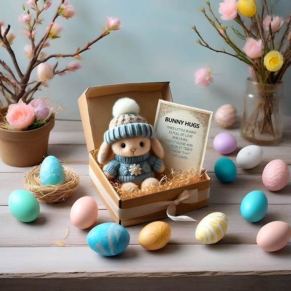 BESTSKY 2026 New Mini Bunny Hug Cute Easter Gift Plush Bunny in Box Hugs Positive Bunny Stuffed Animal Rabbit Soft Floppy Easter Bunnies Basket Stuffers Doll Emotional Support Inspirational Gifts(S)