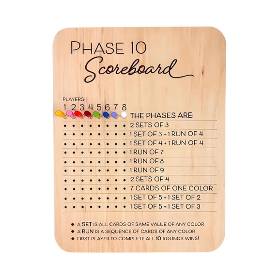 BESTSKY 2026 New Phase 10 Score Board, Wooden Phase Ten Scorecard and Round Tracker, Wood Board Game Accessory, Fun Table Board Card Game Accessories for Party Family Game Night