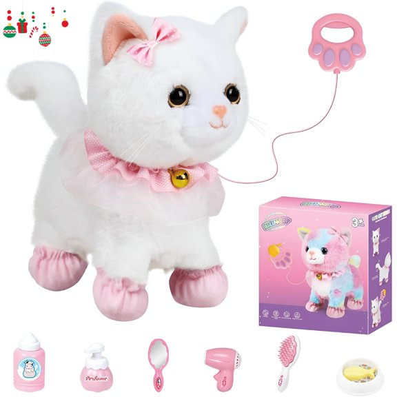 BESTSKY 2026 New Plush Pet Toy Cat with Remote Control Leash Electronic Plush Toy Cat Walks, Barks, Wags Tail and Nods Includes Puppy Accessory for Girls Ages 3+