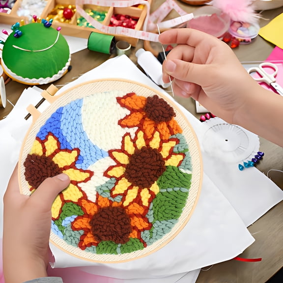 BESTSKY 2026 New Punch Needle Embroidery Starter Kits for Kids and Adults Beginners,Punch Needle Fabric with Floral Pattern,Yarns,Embroidery Hoops and Threader Tools