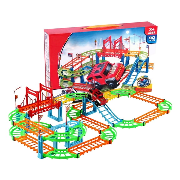 BESTSKY 2026 New Race Track,Colored Track Race Car Track,With 90 Track Parts,1 Small Car Slot Car Race Track Sets,Style3 for Racing Competitions, Family Fun, Playtime, Indoor Entertainment.