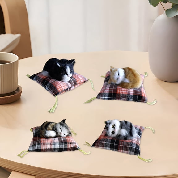 BESTSKY 2026 New Simulation Cat Doll Plush Toy Mini Realistic Sleeping Kittens on Mat Figurine Stuffed Animal Toy with Cushion for Home Office Room Desktop Decor, Black
