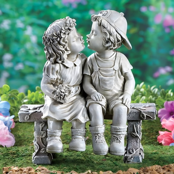 BESTSKY 2026 New Stone Effect Kissing Kids Garden Statue Outdoor Decor Boy Girl Ornament Bench Garden Ornaments, for Garden Decoration, Outdoor Spaces, Yard, Porch, Patio, Gift Giving