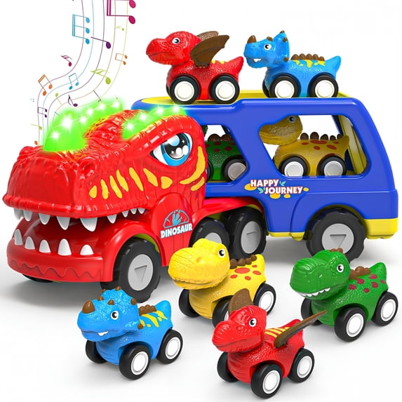 BESTSKY 2026 New Toddler Car Toys for 1 2 3 4 5 Year Old Boy, 5-In-1 Dinosaur Vehicle Trucks Toys for Toddlers 1-3 with Sounds & Lights Toys for Boys 4-6 Dinosaur Toys for Kids 3-5