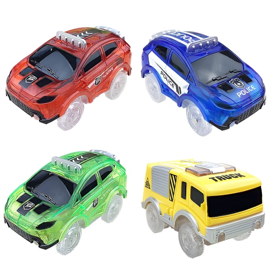 BESTSKY 2026 New Tracks Cars Only Replacement,Flex Track Race Cars for Glow in the Dark,Lights Up Battery Operated Trax Cars Accessories,Compatible with Most Car Tracks for Kids(4Pack)