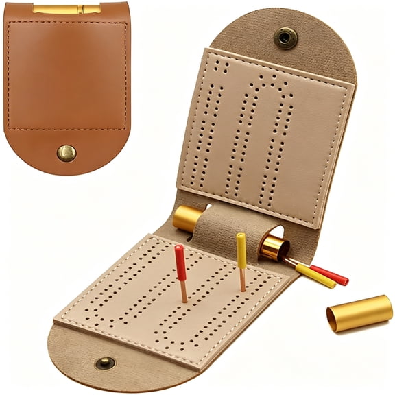 BESTSKY 2026 New Travel Cribbage Board Leather Cribbage Board Game Set with 2 Track Layout 4 Pegs,For Travel,Family Game Night,Parties