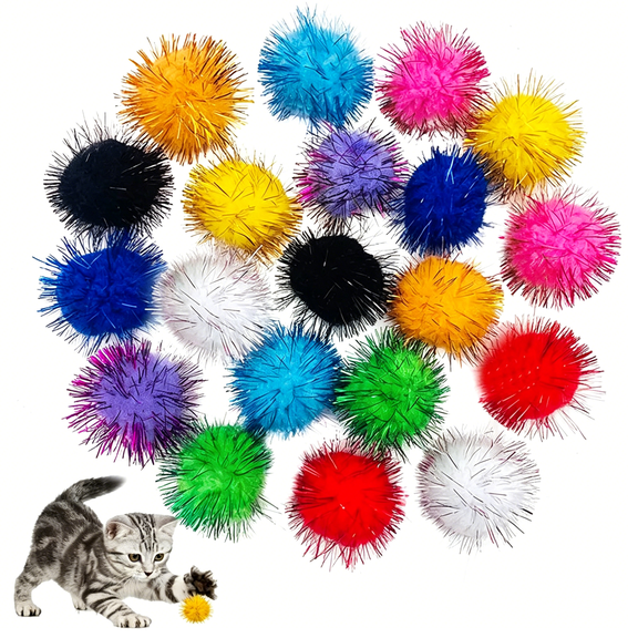 BESTSKY 20Pcs Cat Sparkle Ball for Indoor Cats 1.77 Inch Assorted Color Glitter Kittens Toy Balls Cat Pom Pom Balls for Cats