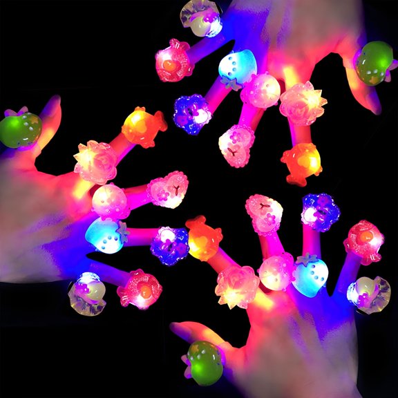 BESTSKY 20Pcs LED Light Up Finger Rings for Kids - Cute Flashing Glow Rings Made of Soft Silicone, Assorted Cartoon Designs with Multiple Light Modes