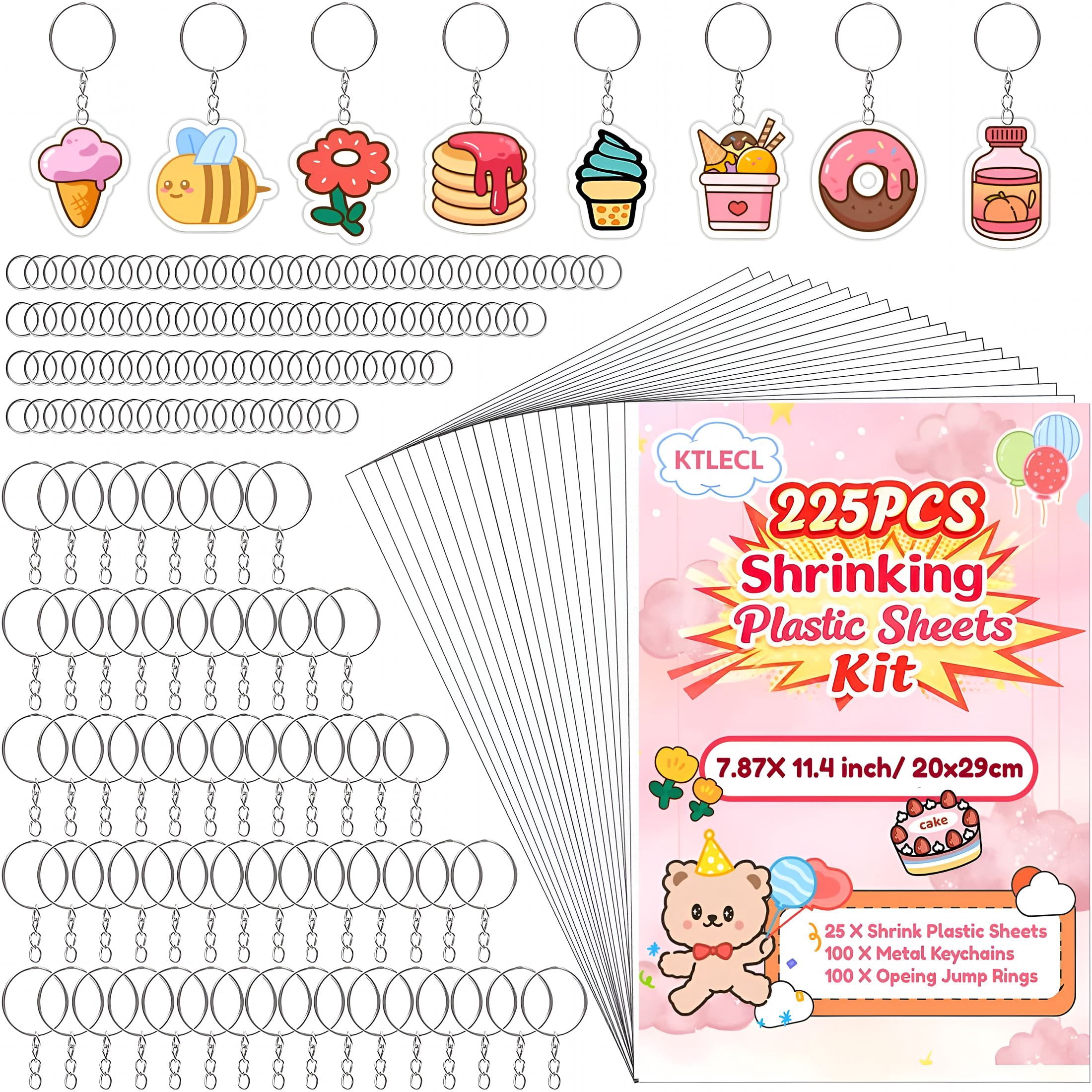BESTSKY 225Pcs Shrinky Dink Kit for Kids,Shrinky Dink Sheets & Shrink Plastic Sheets Kit with 25 Paper (7.87 X 11.4In),Keychain Making Kit with 100 Keychains & Rings,Diy Crafts for Kids
