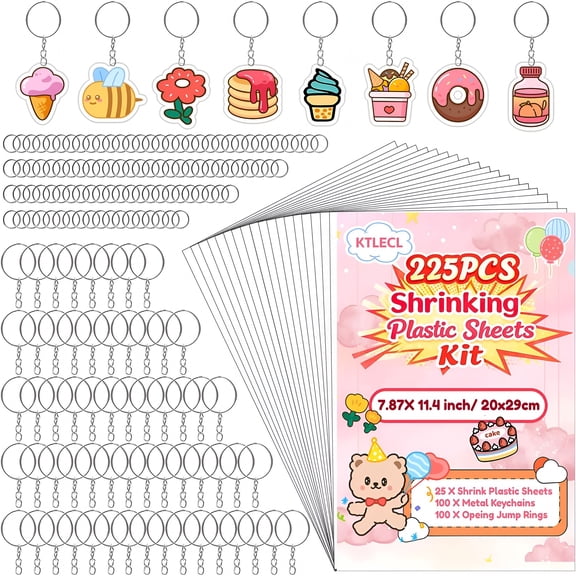 BESTSKY 225Pcs Shrinky Dink Kit for Kids,Shrinky Dink Sheets & Shrink Plastic Sheets Kit with 25 Paper (7.87 X 11.4In),Keychain Making Kit with 100 Keychains & Rings,Diy Crafts for Kids