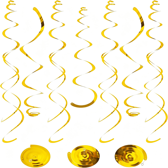 BESTSKY 24 PCS Gold Hanging Swirl Sparkle Ceiling Hanging Decor, Plastic Streamer Party Decorations Double-Swirls Single