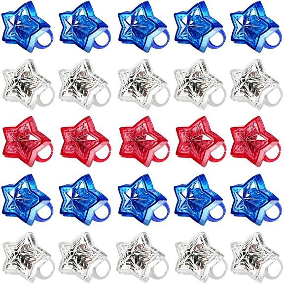 BESTSKY 24 PCS LED Light Up Star Rings 250th Anniversary USA 4th of July Party Favors Supplies Red White and Blue Stars Toys Women Men Memorial Day Patriotic Party Accessories Decorations