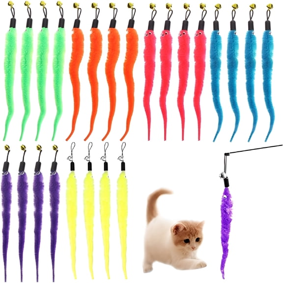 BESTSKY 24 Pcs Cat Worm Toy Replacement Teaser with Bell Refills Indoor CatS Interactive Wand and Catch Wand Soft Squiggly Worm Teaser Refills Attachment Interactive Catch Toy Accessories