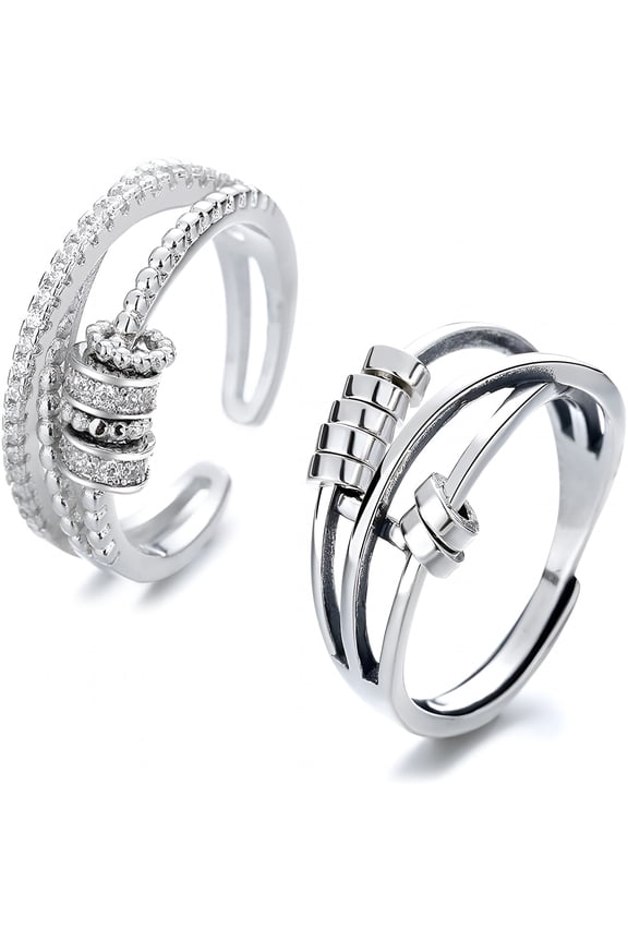 2Pcs Fidget Band with Beads Spinner Rings for Women,Anti Anxiety Ring Stainless Steel Ring Sand Blast Finish,Unisex Adjustable Stacking Worry Ring