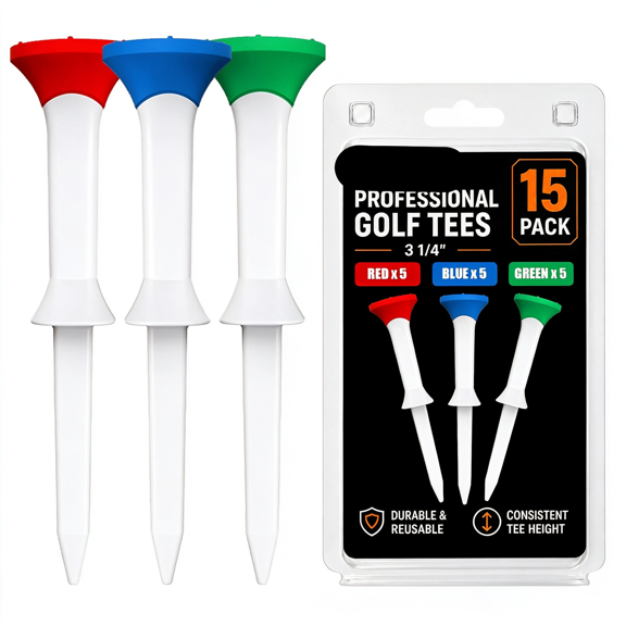 BESTSKY 3-1/4" Stepped Golf Tees with Soft Rubber Heads,15 Pack Fixed-Height Driver Tees with Raised Tips for Reduced Ball Contact and Wide Tops for Stable Ball Support