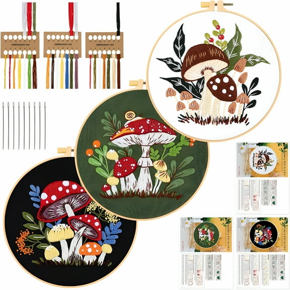 BESTSKY 3 Pack Embroidery Kit for Beginners,Sewing Cross Stitch Starter Set Craft Stamped Cloth with Mushroom Pattern Hoops Threads and Needles