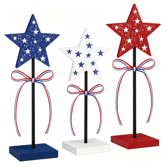 BESTSKY 3 Pcs 4Th of July Table Decorations Wooden Star Set, Rustic Memorial Day Table Decor, Red White and Blue Decorations for Home Wooden Star 4Th of July Decorations(Star)