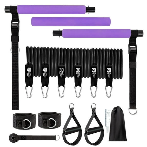 BESTSKY 3-Section Pilates Bar Kit with Resistance Bands,Portable Home Gym Yoga Exercise Stick for Squats,Purple