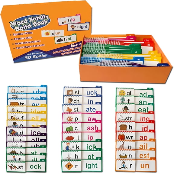 BESTSKY 30 Read and Rhyme Flip Books, Reading Flip Book, Word Family Build Book, ABC Vocabulary Flash Cards for Educational Reading Games (1Set)
