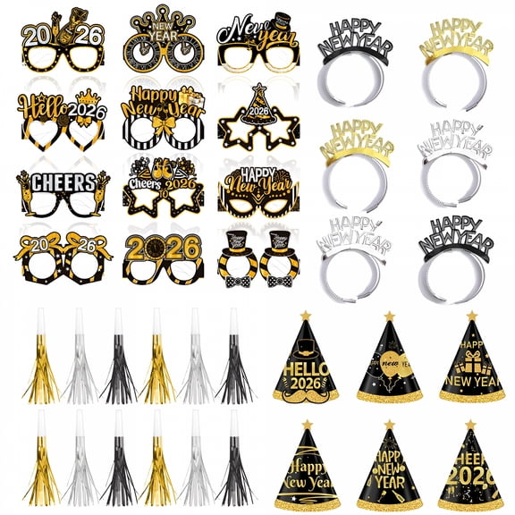 BESTSKY 36 Pcs New Years Eve Party Supplies Kit 2026 Nye Decorations Happy New Year Headband Eyeglasses Top Hats Party Favors New Year'S Eve Accessories