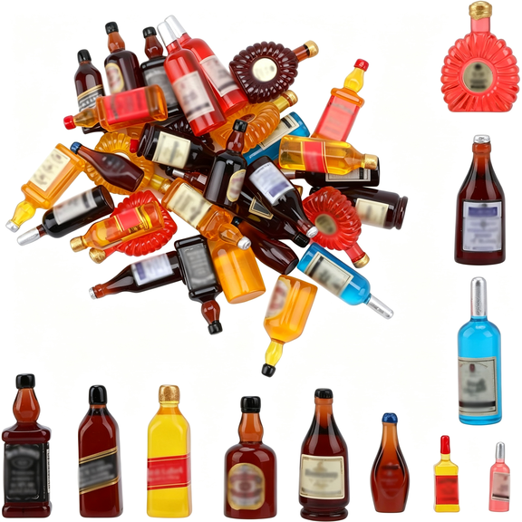 BESTSKY 36Pcs Miniature Mini Fake Beer Bottles,Mixed Wine Drinks Decoration Beer Glass Model,Realistic Dollhouse Accessories for Diy Crafts Miniature House Scene Decoration Bar Tableware Decoration