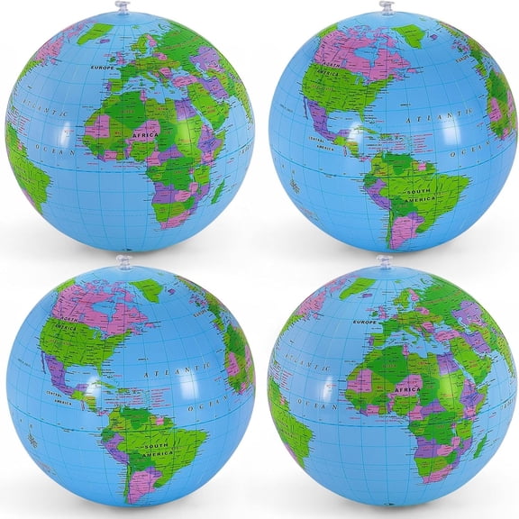BESTSKY 4 Pack Inflatable Globe Beach Ball, 16 Inch Blow Up World Globe for Kids Education, PVC Earth Ball for Classroom Teaching, Pool Party, Beach Games, Summer Outdoor Activities
