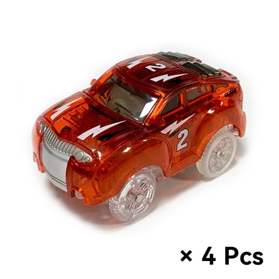 BESTSKY 4 Pcs Luminous Race Cars with Flex Track, Glow in The Dark Racing Toys with LED Lights & Sounds, Interactive Kids Gift