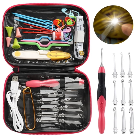 BESTSKY 46Pcs Lighted Crochet Hooks with Case, Light Up Crochet Hook, LED Knitting Lite Hooks Set with 9 Interchangeable Heads
