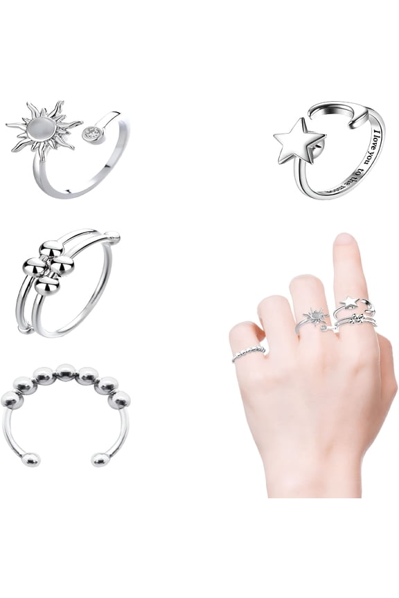 4Pcs Fidget Rings for Women Adjustable Stress Relief Ring Stainless Steel Sun Moon Star Bead Rotatable Rings