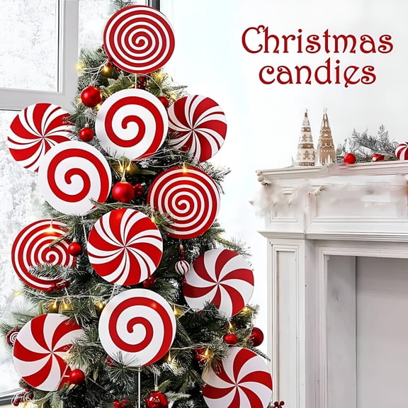 BESTSKY 4Pcs Large Christmas Candy Ornaments, 8-Inch Red White Peppermint Swirl Decorations, PVC Hanging Tree Mantel Decor for Holiday Display