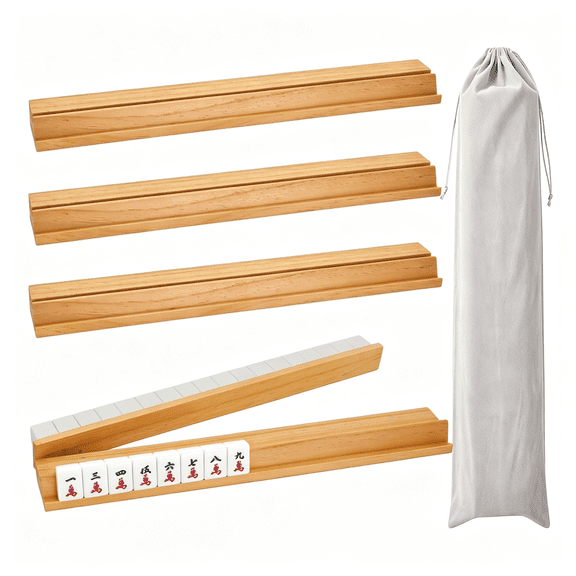 BESTSKY 4Pcs Wooden Mahjong Racks with Magnetic Pushers,17.4 in Natural Wood American Mahjong Tile Rack Set,Modern Table Game Accessories for Mahjong Tiles