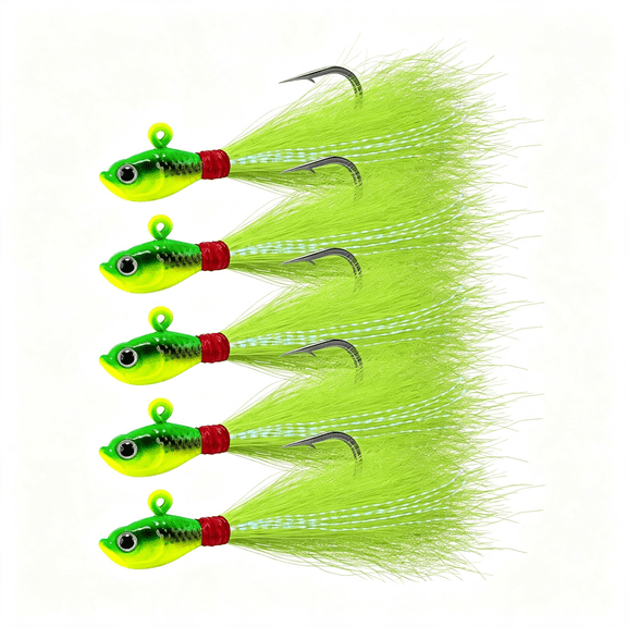 BESTSKY 5-Pack Bucktail Jigs Hair Jigs Saltwater Freshwater Fishing Bucktail Lures Surf Fishing Jig Heads White Luminous Chartreuse Swimbait Jig for Bass Flounder Striper Bluefish Halibut Redfish