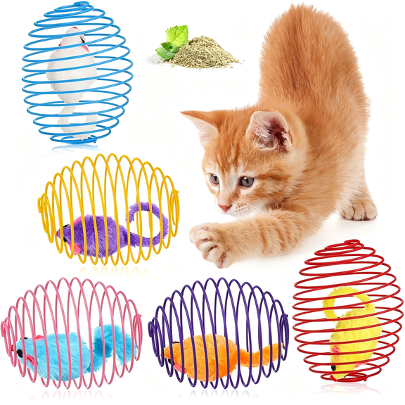 BESTSKY 5 Pcs Cat Spring Balls Toys Stretchable Rolling Balls Colorful Playful Coils Interactive Action Toy Caged Rats for Kitten Pet Supplies (Catnip Rats,Multicolor)